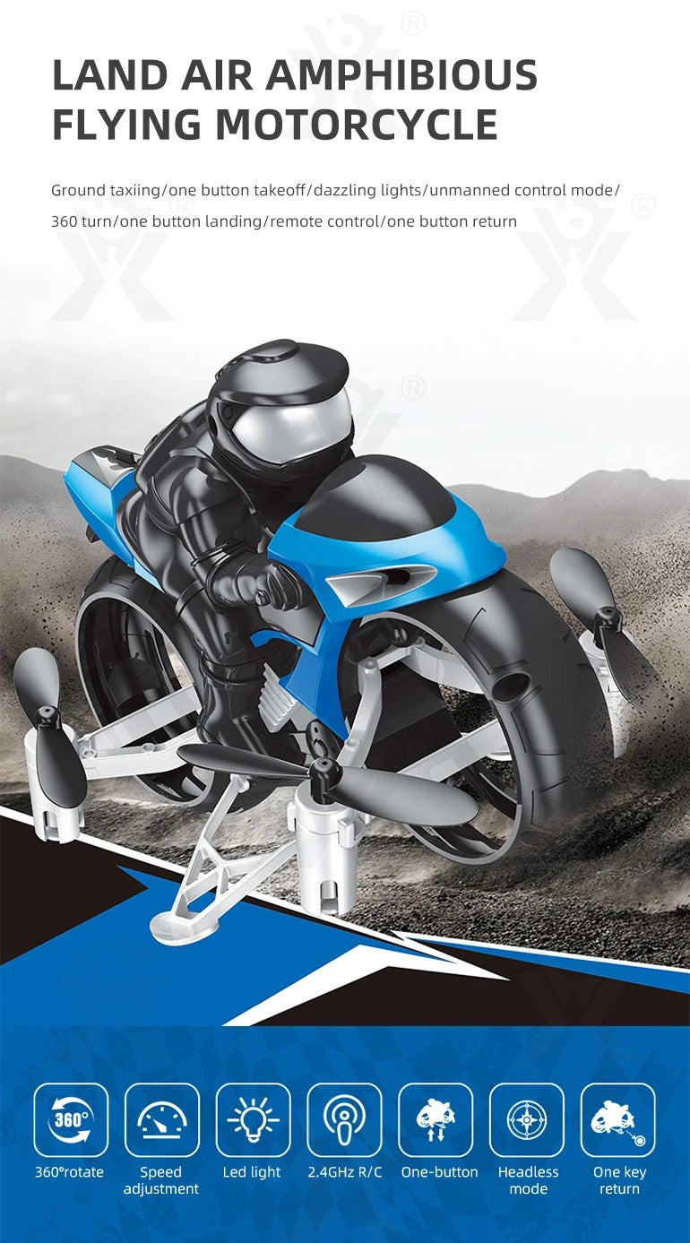 AF903 2-in-1 RC Flying Motorcycle Toy | 2.4GHz Land & Air Quadcopter with 360° Flips, LED Lights & Rechargeable Battery description image 1