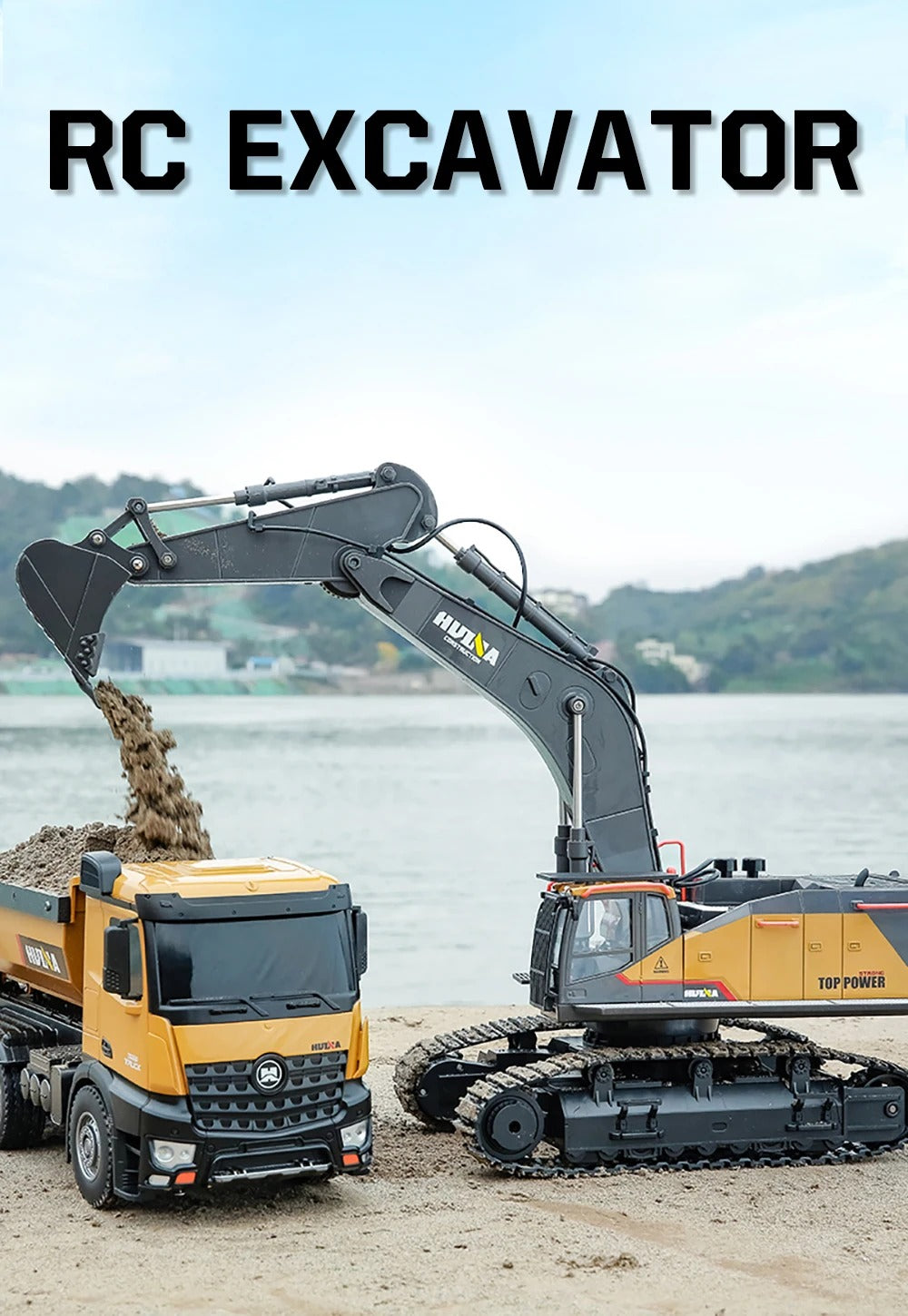 Huina 1592 - 1:14 RC Excavator | 2.4GHz 22CH Semi-Alloy Construction Digger with Metal Bucket, Realistic Lights & Sound description image 1