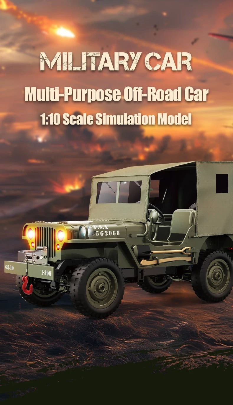 JJRC C8815 - 1:10 Scale Willys Military Jeep RC Car, 4WD Off-Road Rock Crawler, 2.4GHz Full Proportional Remote Control, LED Lights, WWII Army Vehicle Model, Rechargeable Battery description image 1