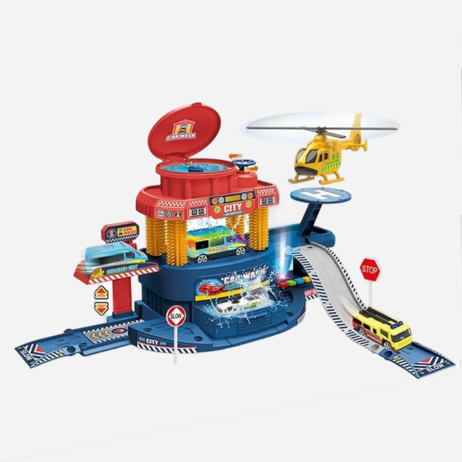 Multifunctional Urban Car Wash and City Parking Garage Playset with 1:64 Alloy Cars, Helicopter, Ramp Track & Color Change Car Toy Set