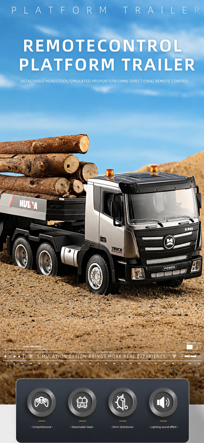 Huina 1318 - 1:18 Scale RC Low Bed Trailer Truck | 2.4GHz Full Function Heavy Duty Construction Transport Truck with Realistic Lights RTR description image 1