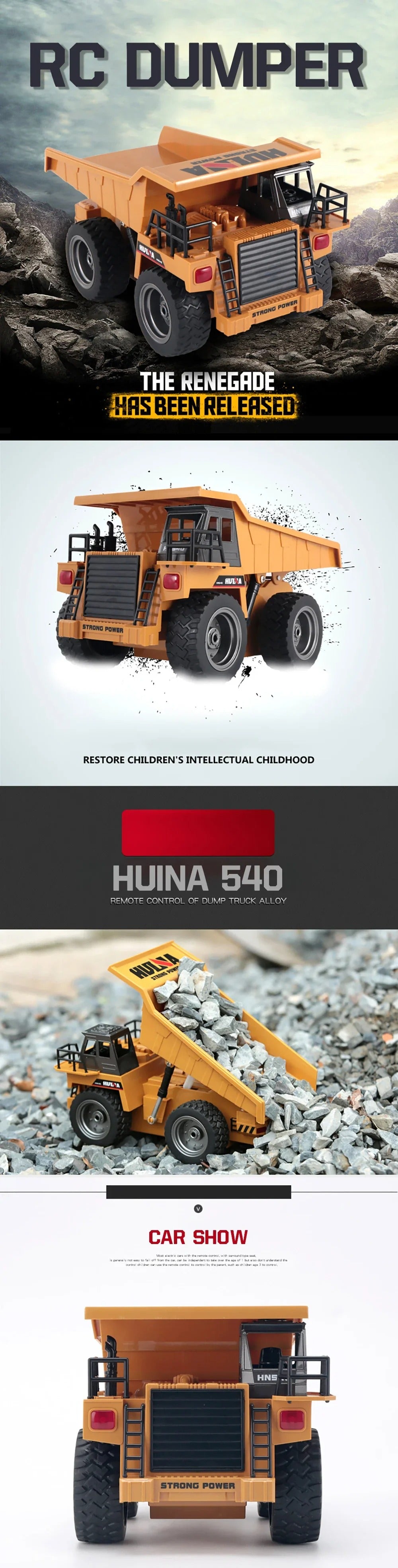 Huina 1534 - 1:18 RC Alloy Engineering Dump Truck Remote Control Semi-alloy Model Outdoor Gift RC Truck Toys description image 1