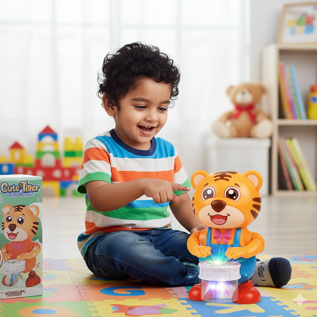 Cute Tiger Drum Beat Musical Toy with Colorful Projection Lights, Animated Drumming Action & Rhythm Sound Effects for Kids 3+ Years
