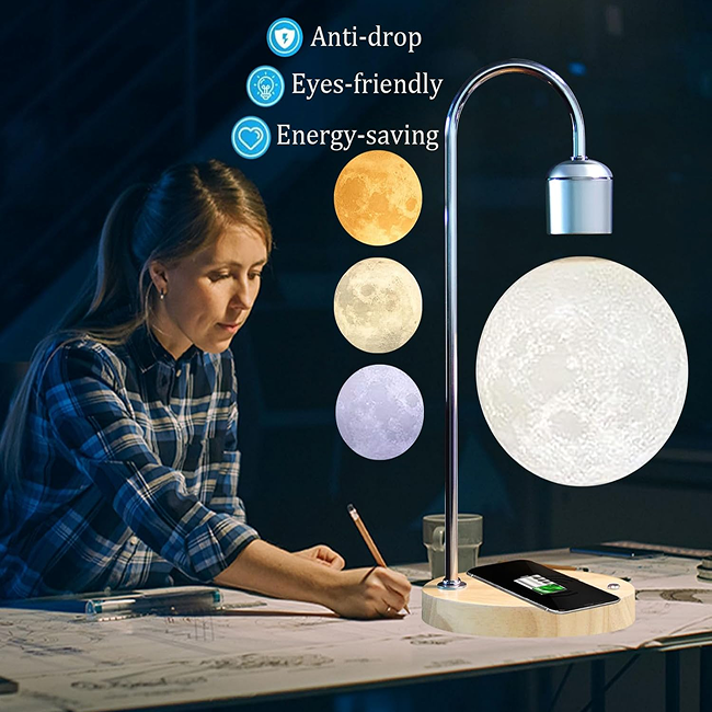 Magnetic Levitating Moon Lamp with 10W Wireless Phone Charger