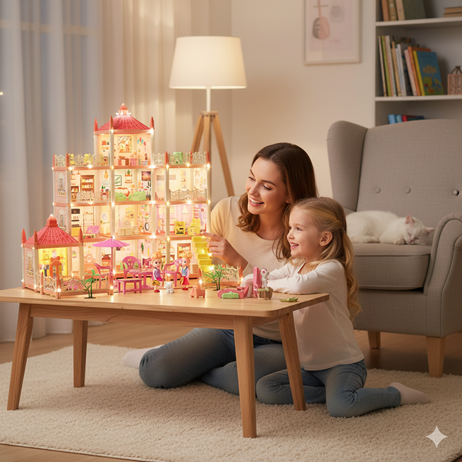 11 Room Luxury Villa Doll House with LED Lights for Kids | Premium Miniature Mansion Play Set with Detailed Rooms for Pretend Play, Storytelling & Creative Fun (Age 3+)