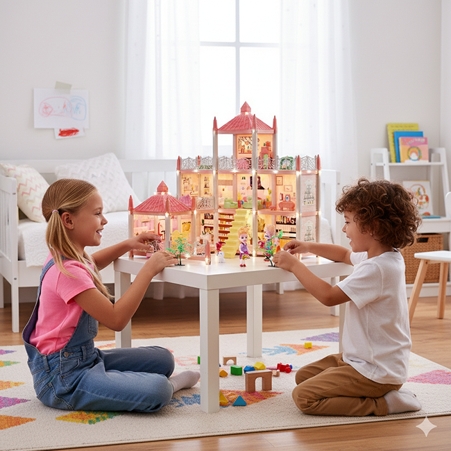 9 Room Villa Doll House with LED Lights for Kids | Luxury Miniature Dollhouse Play Set with 9 Detailed Rooms for Pretend Play, Storytelling & Creative Fun (Age 3+)