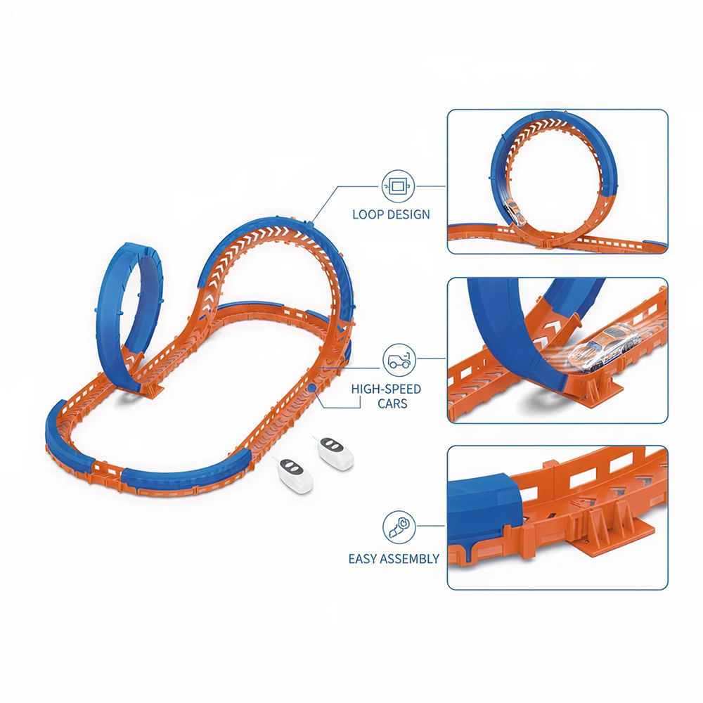 FT-68 2.4GHz Remote Control Loop Racing Track Set with RC Sports Car, 41PCS DIY Stunt Track Playset