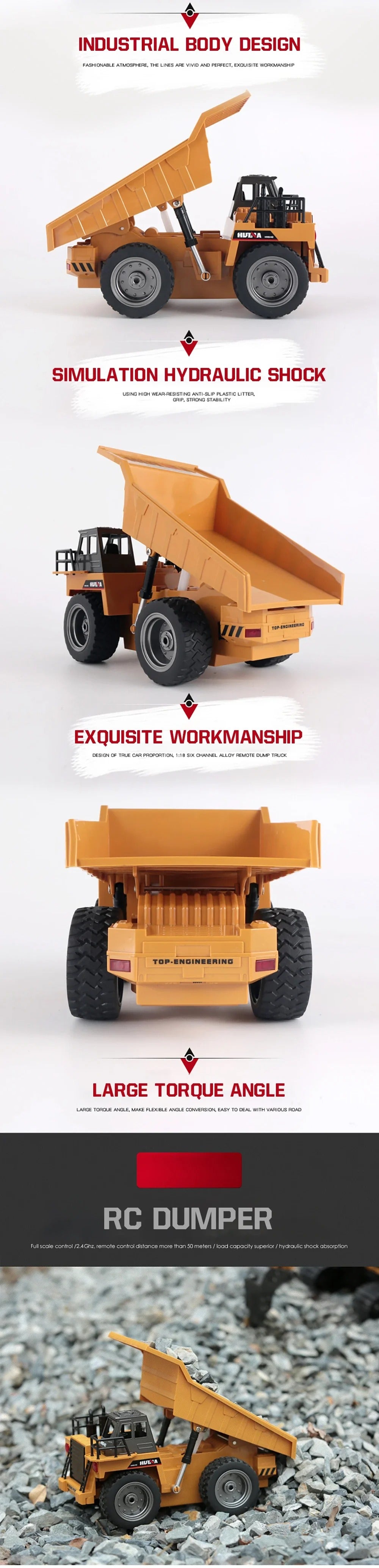 Huina 1534 - 1:18 RC Alloy Engineering Dump Truck Remote Control Semi-alloy Model Outdoor Gift RC Truck Toys description image 2