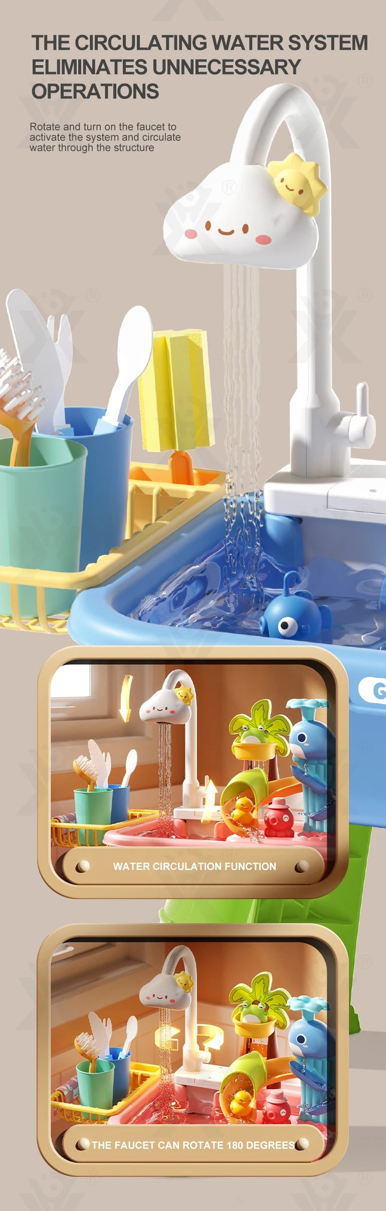 Vegetable Washing Basin Play Set 43 Pieces with Running Water Sink, Fishing Game & Kitchen Accessories for Kids 3+ Years description image 2