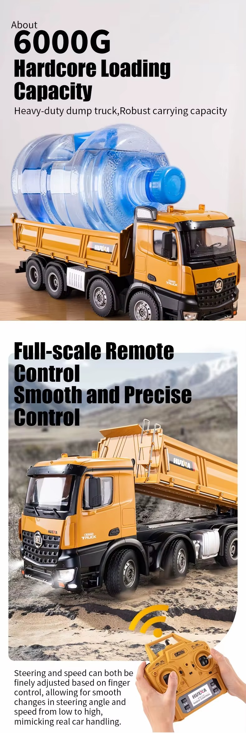 Huina 1536 1:14 RC Dump Truck | 12CH 8-Wheel Alloy Remote Control Construction Vehicle, Heavy Duty Engineering Truck Toy with 2.4GHz Control & Rechargeable Battery description image 2