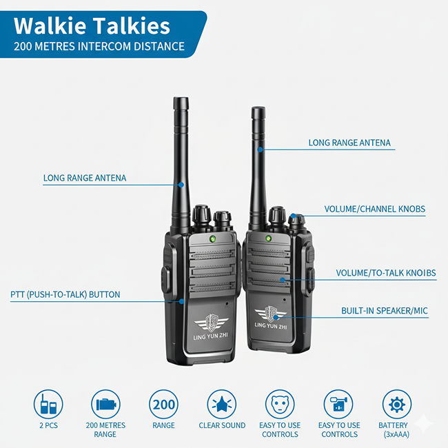200 Meters Walkie Talkie Set for Kids & Outdoor Adventures | 2PCS Long Range Intercom Radios