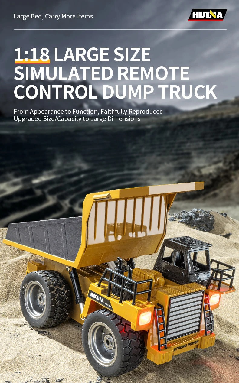 Huina 1533 - 1:18 RC Dump Truck 2.4GHz 9CH Alloy Tipping Construction Vehicle with Full Function Remote Control & LED Lights description image 2