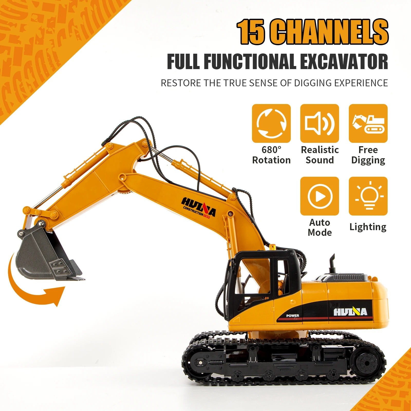HUINA 1535 - 1:14 Scale 15ch RC Die-cast RC Excavator Construction Truck Toys Radio Control Toy Alloy Engineering Excavator description image 2