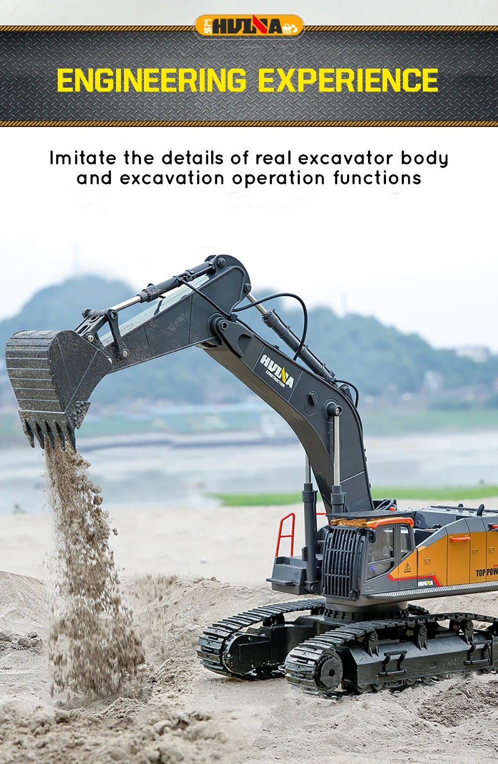 Huina 1592 - 1:14 RC Excavator | 2.4GHz 22CH Semi-Alloy Construction Digger with Metal Bucket, Realistic Lights & Sound description image 2