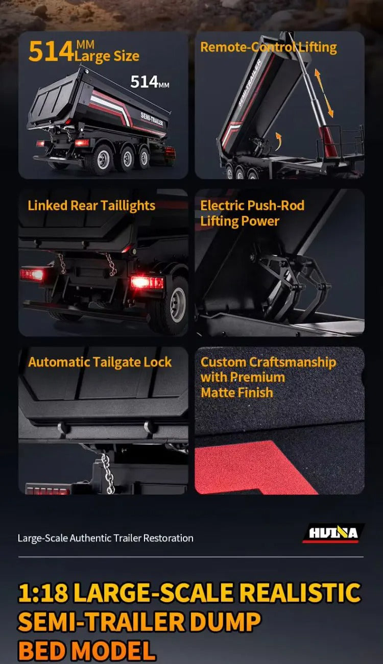 Huina 1509 - 1:18 Scale Official RC Electric Dump Semi Trailer for Huina 1501 Scania 770S, Alloy Construction, 2.4GHz Compatible, Electric Lifting Dump Bed, Rechargeable RTR Heavy Haul Trailer description image 2