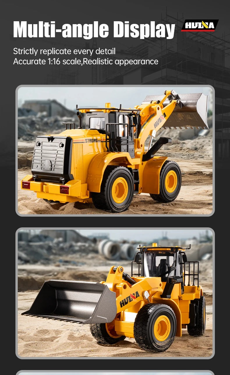 Huina 1552 - 1:16 RC Wheel Loader | 2.4GHz 11CH Semi-Alloy Front End Construction Loader with Metal Bucket, Lights & Sound description image 2