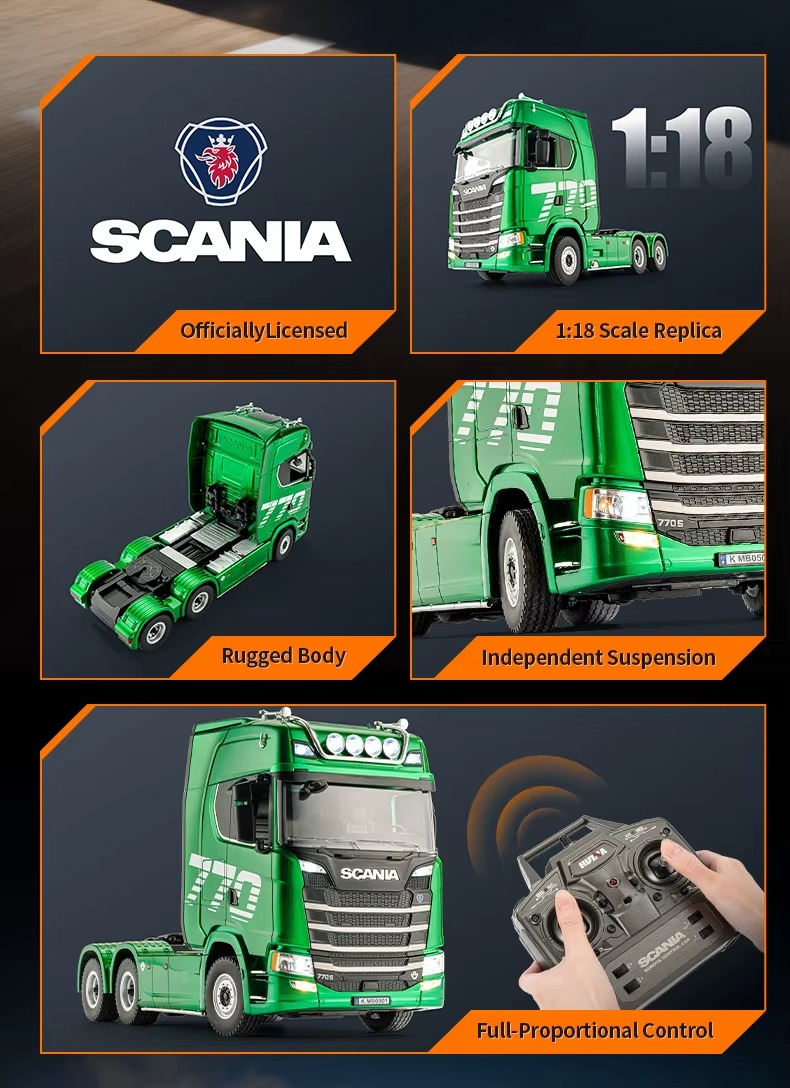 Huina 1501 - Scania 770S 1:18 RC Truck with Low Bed Trailer | 2.4GHz Full Function Heavy Duty Transport Hauler RTR description image 2