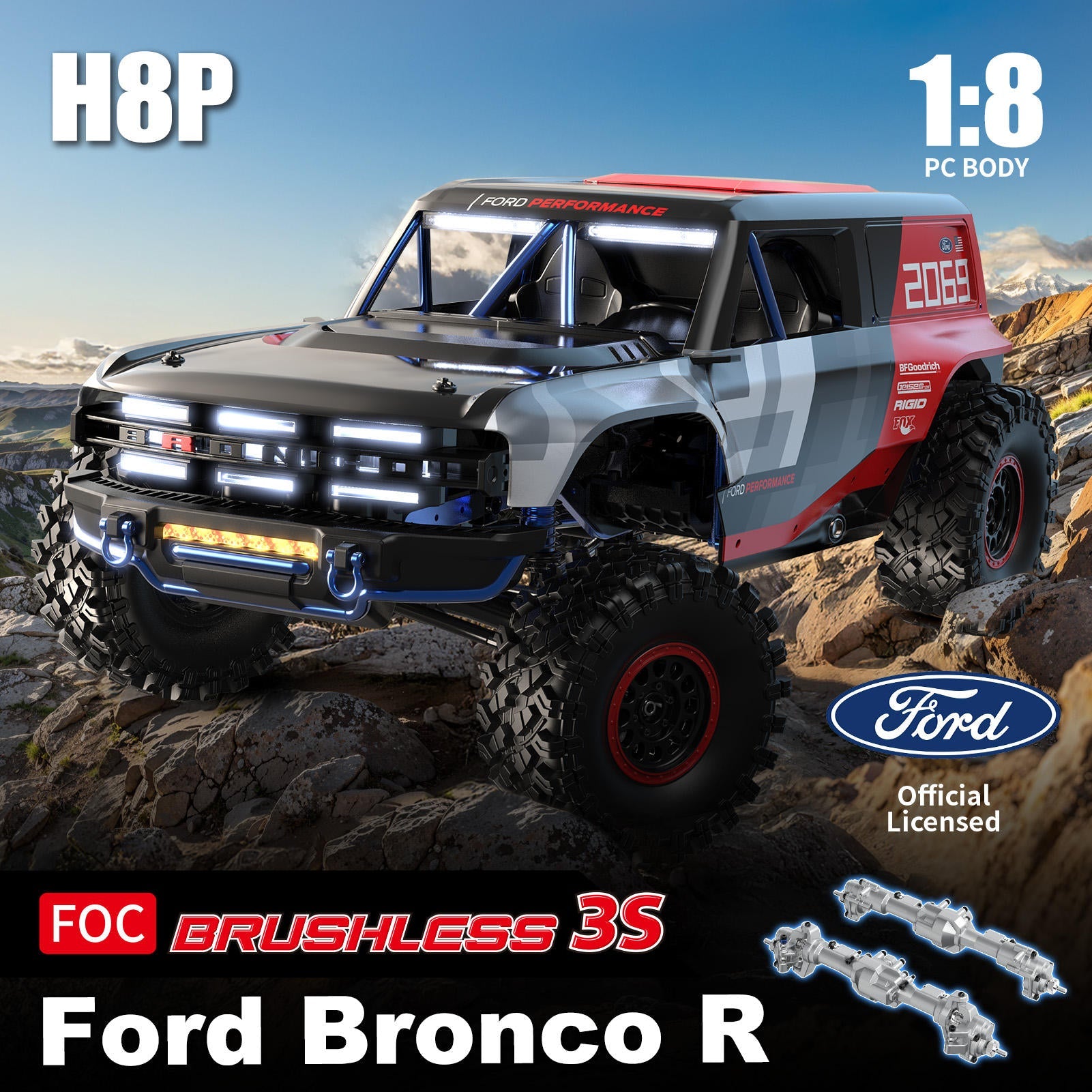 MJX Hyper Go H8P - 1:8 Ford Bronco R Baja 1000 Official Licensed RC Rock Crawler | Brushless FOC 4WD RTR, 2-Speed Metal Transmission, Aluminum Portal Axles