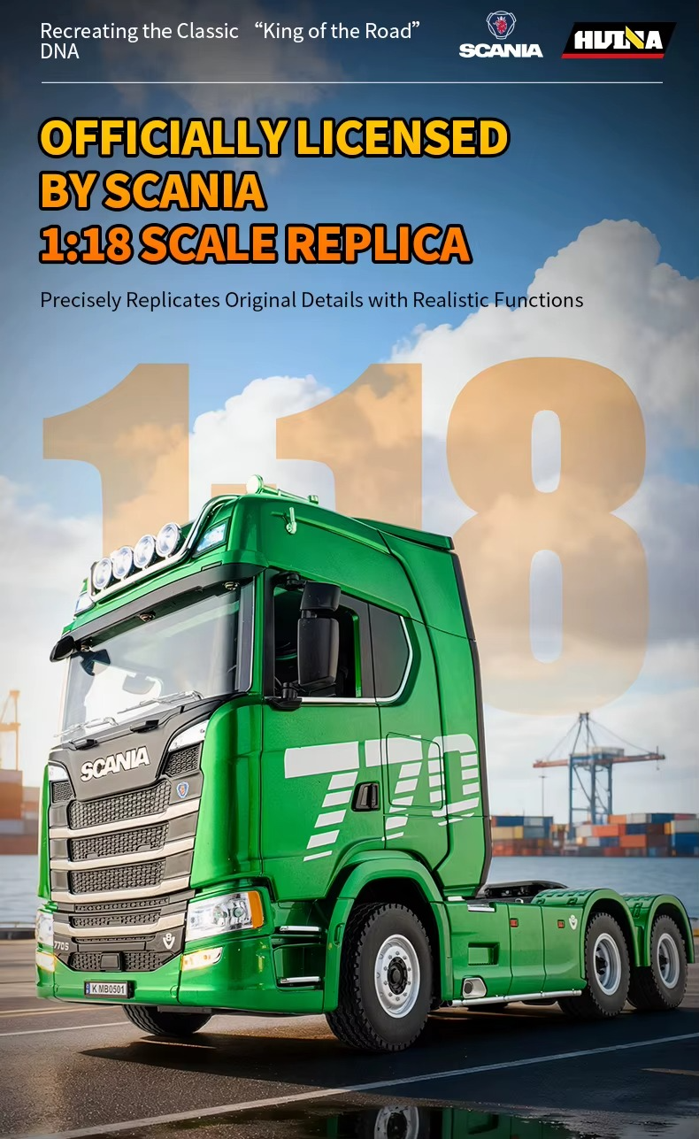 Huina 1501 - Scania 770S 1:18 RC Truck with Low Bed Trailer | 2.4GHz Full Function Heavy Duty Transport Hauler RTR description image 3