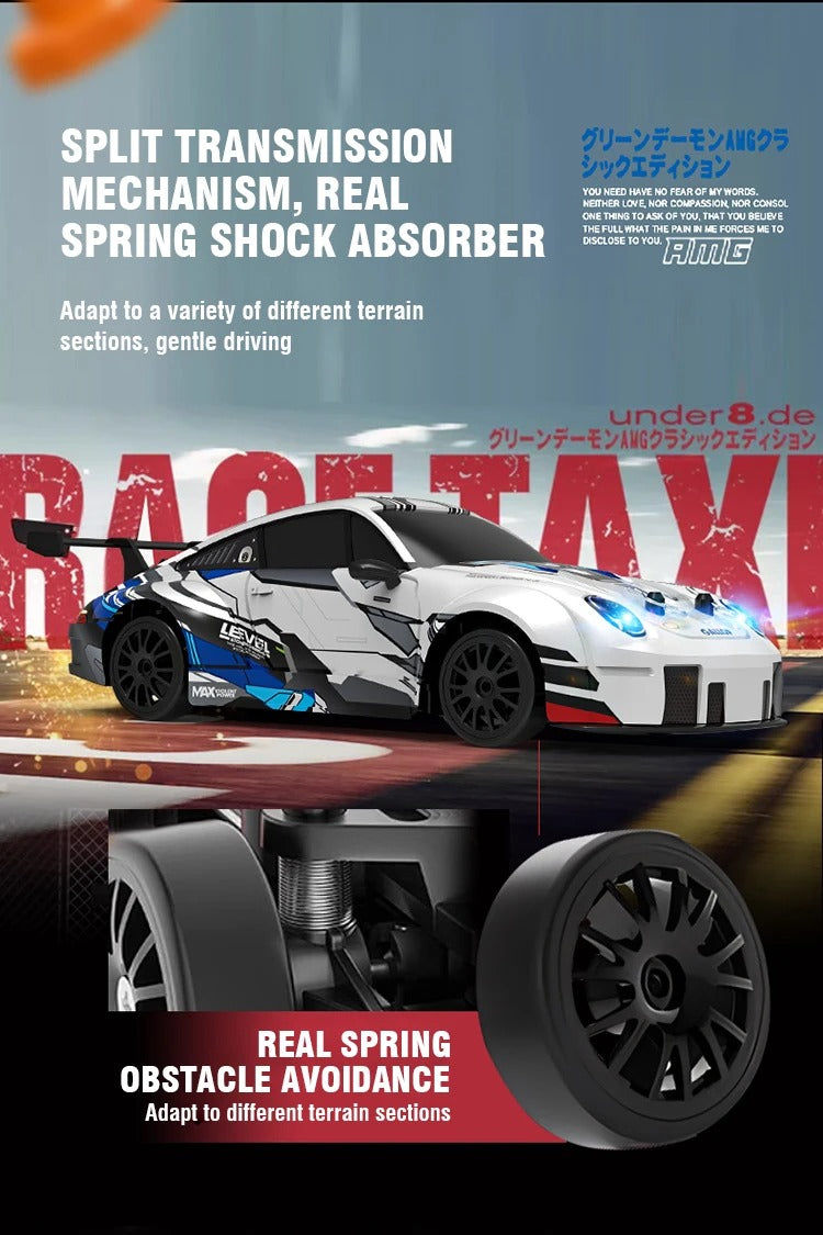 1:24 Scale 2.4GHz 4WD RC Drift Racing Car with LED Headlights PVC Body Spring Suspension High Speed Stunt Drift Remote Control Car for Kids description image 3