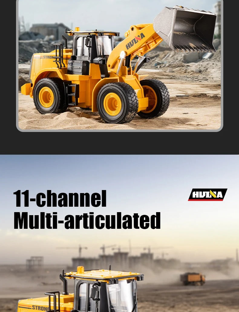 Huina 1552 - 1:16 RC Wheel Loader | 2.4GHz 11CH Semi-Alloy Front End Construction Loader with Metal Bucket, Lights & Sound description image 3