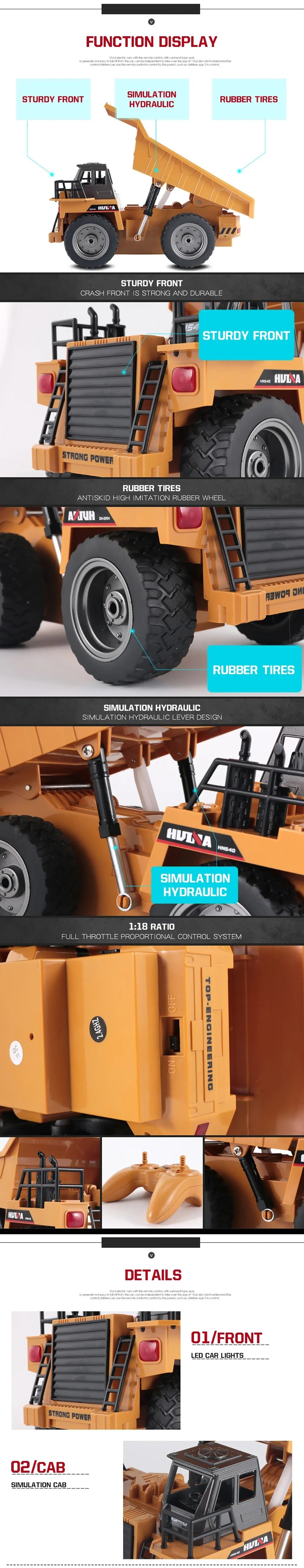 Huina 1534 - 1:18 RC Alloy Engineering Dump Truck Remote Control Semi-alloy Model Outdoor Gift RC Truck Toys description image 3