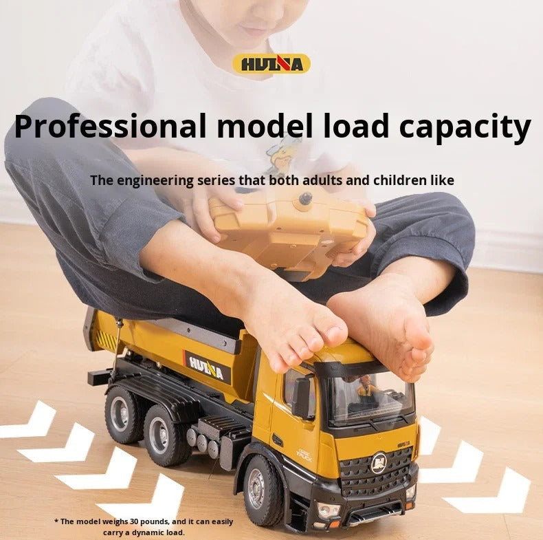 Huina 1573 - 1:14 RC Dump Truck - 2.4GHz Full Function Heavy Duty Construction Tipper with Realistic Dump Bed & LED Lights description image 3