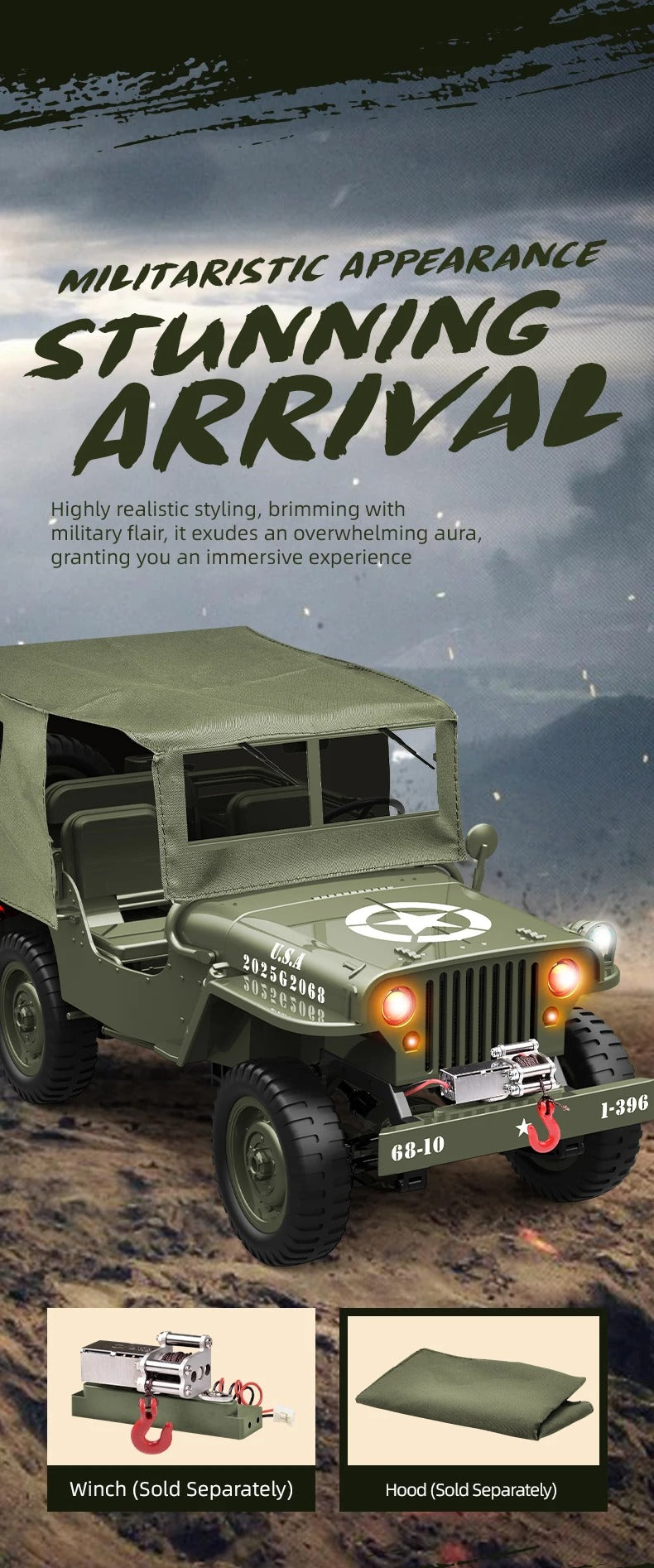 JJRC C8815 - 1:10 Scale Willys Military Jeep RC Car, 4WD Off-Road Rock Crawler, 2.4GHz Full Proportional Remote Control, LED Lights, WWII Army Vehicle Model, Rechargeable Battery description image 3