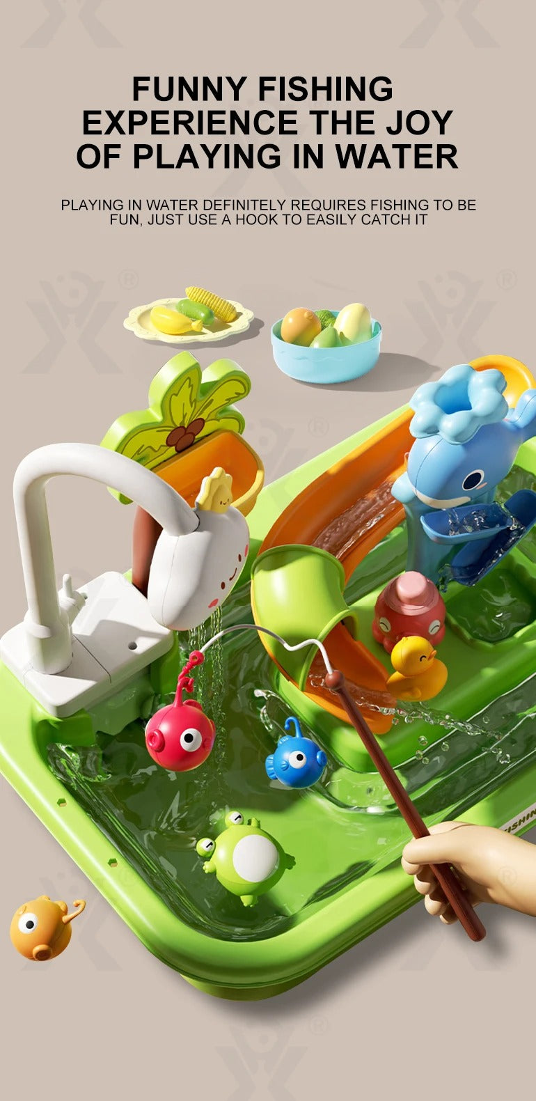 Vegetable Washing Basin Play Set 43 Pieces with Running Water Sink, Fishing Game & Kitchen Accessories for Kids 3+ Years description image 3
