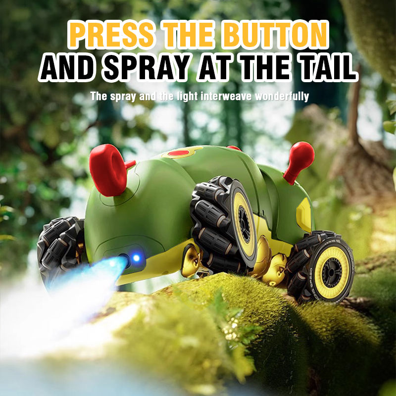 2.4GHz 4WD RC Stunt Caterpillar Insect Car with Spray Mist LED Lights All Terrain Climbing Remote Control Toy Car for Kids