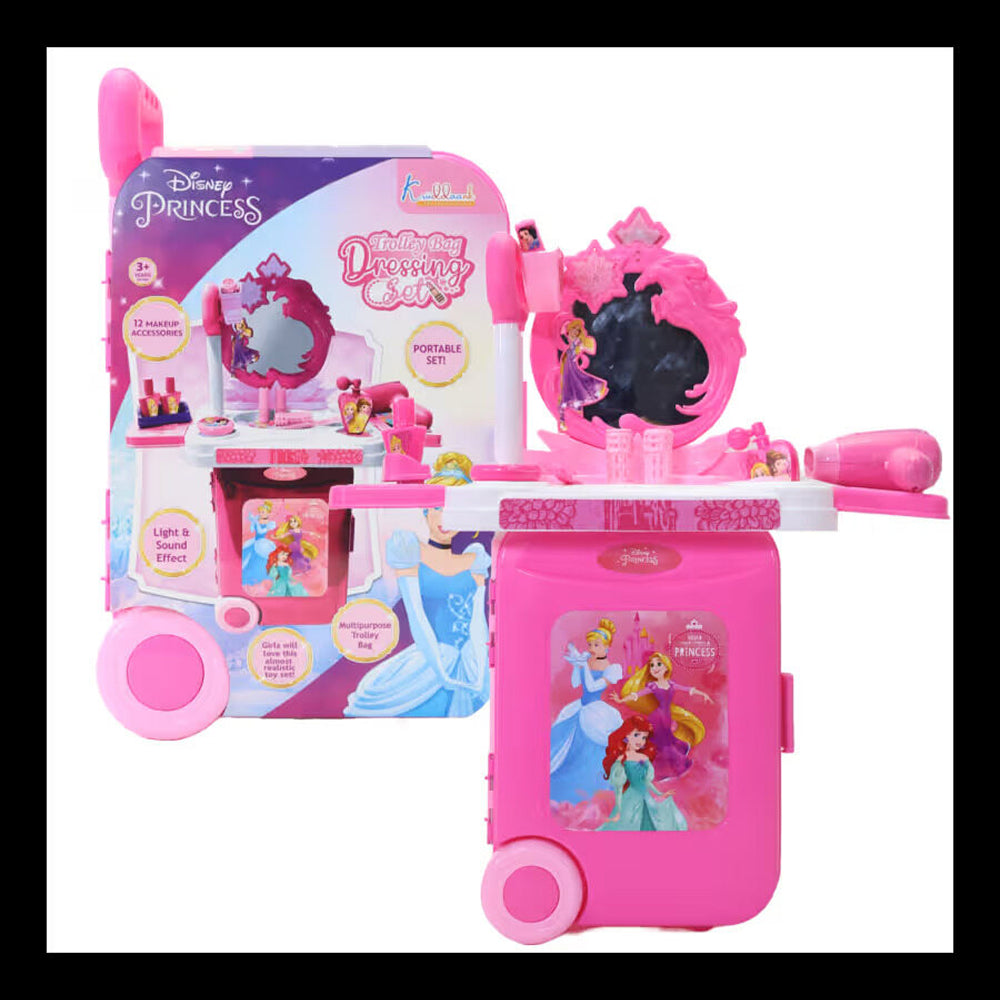 Princess Trolley Bag Dressing Set for Girls | Portable Beauty Salon Play Set with Mirror, Hair Dryer, 12 Makeup Accessories, Light & Sound Effects (Age 3+)