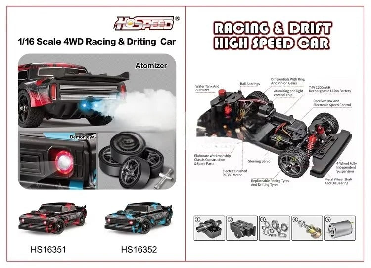 Hospeed 16351 - 1:16 4WD RC Drift Car – 2.4GHz High-Speed Racing Car with Dual Drift & Off-Road Tires, LED Lights & Precision Control description image 3