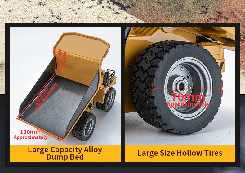 Huina 1533 - 1:18 RC Dump Truck 2.4GHz 9CH Alloy Tipping Construction Vehicle with Full Function Remote Control & LED Lights description image 3