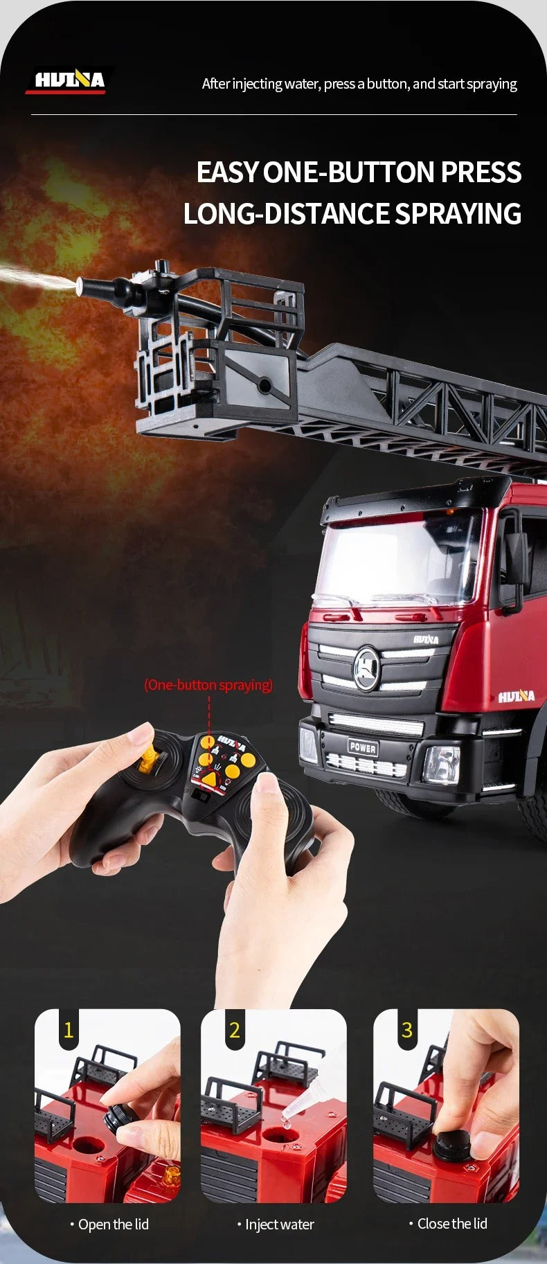 Huina 1361 - 1:18 RC Fire Engine Truck - 2.4GHz 9CH Water Spraying Fire Rescue Truck with Extendable Ladder, Lights & Sound RTR description image 3