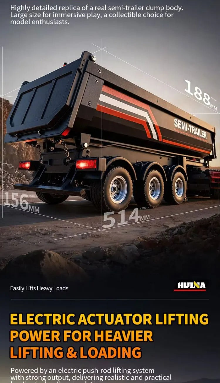 Huina 1509 - 1:18 Scale Official RC Electric Dump Semi Trailer for Huina 1501 Scania 770S, Alloy Construction, 2.4GHz Compatible, Electric Lifting Dump Bed, Rechargeable RTR Heavy Haul Trailer description image 3