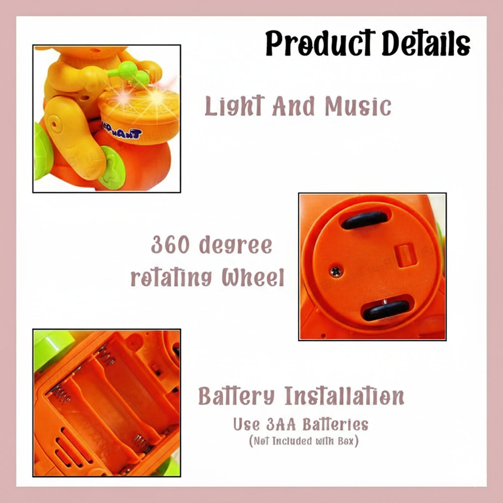 Musical Elephant Toy with Drum & Ball for Kids | Light, Sound & Rolling Action Toy for Early Learning Fun