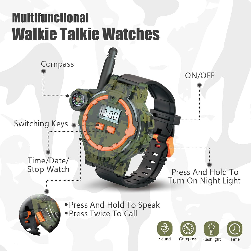 200M Long Range Walkie Talkie Watch Set for Kids with Flashlight, Compass & 2-Way Communication