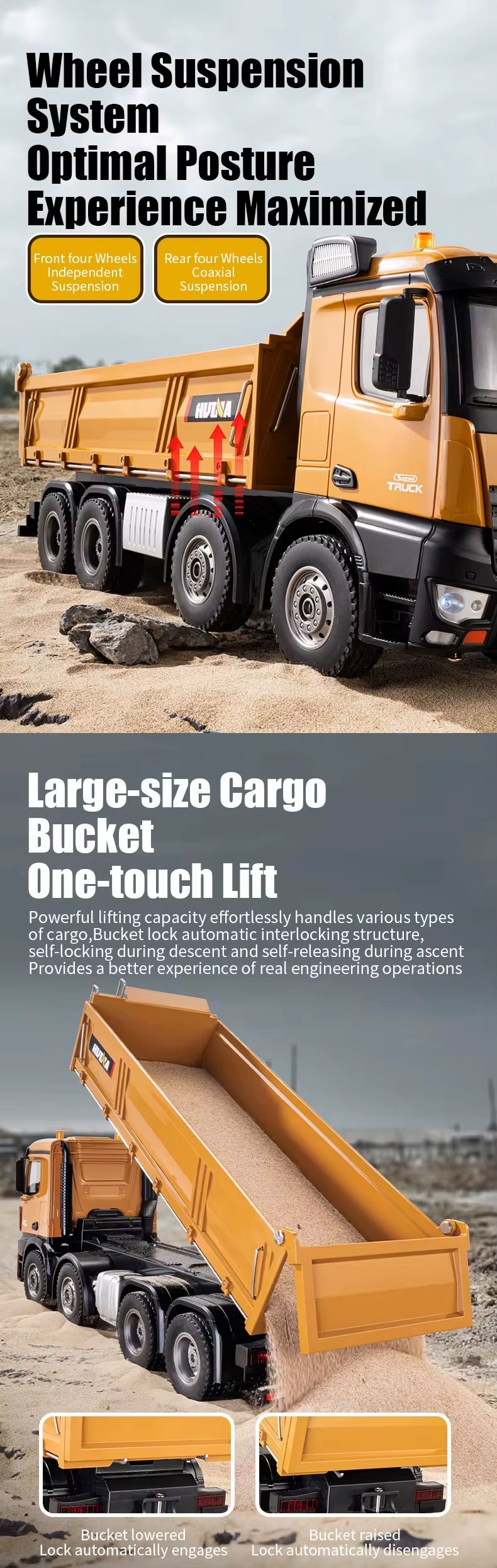 Huina 1536 1:14 RC Dump Truck | 12CH 8-Wheel Alloy Remote Control Construction Vehicle, Heavy Duty Engineering Truck Toy with 2.4GHz Control & Rechargeable Battery description image 4