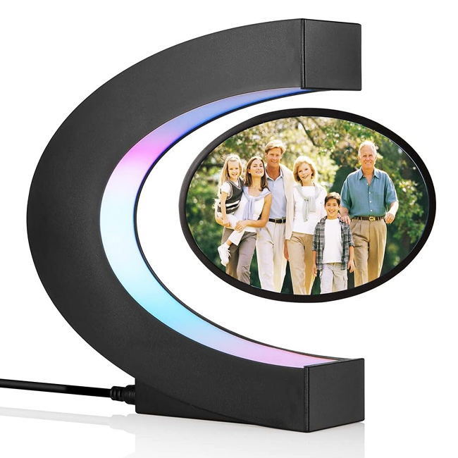 Floating Magnetic Photo Frame with 360° Rotation – Levitating LED Display for Desk, Home & Office Décor - Black