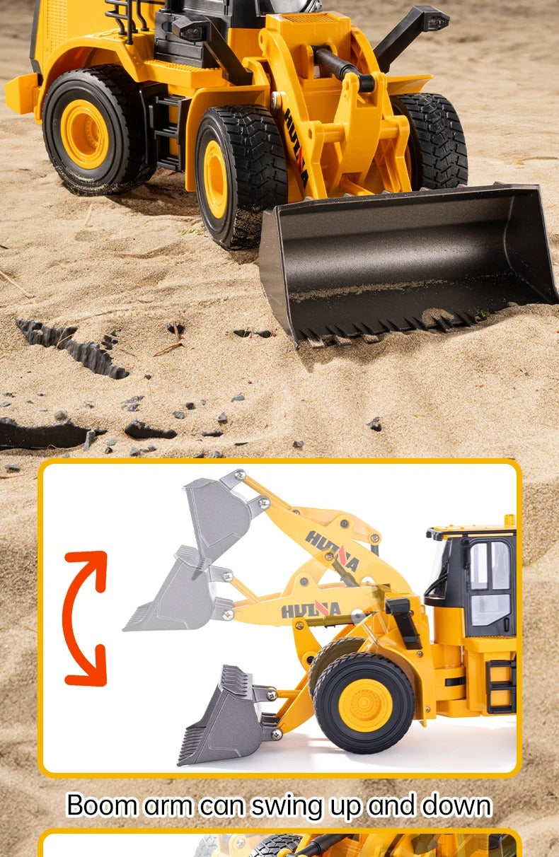 Huina 1552 - 1:16 RC Wheel Loader | 2.4GHz 11CH Semi-Alloy Front End Construction Loader with Metal Bucket, Lights & Sound description image 4