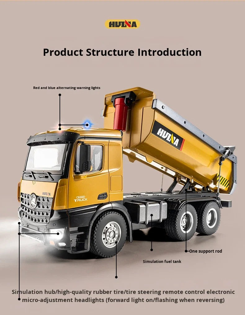 Huina 1573 - 1:14 RC Dump Truck - 2.4GHz Full Function Heavy Duty Construction Tipper with Realistic Dump Bed & LED Lights description image 4