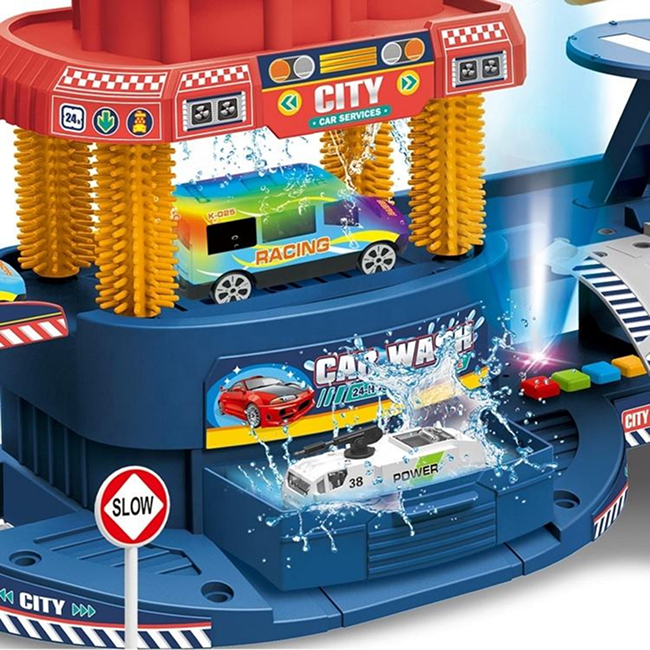 Multifunctional Urban Car Wash and City Parking Garage Playset with 1:64 Alloy Cars, Helicopter, Ramp Track & Color Change Car Toy Set