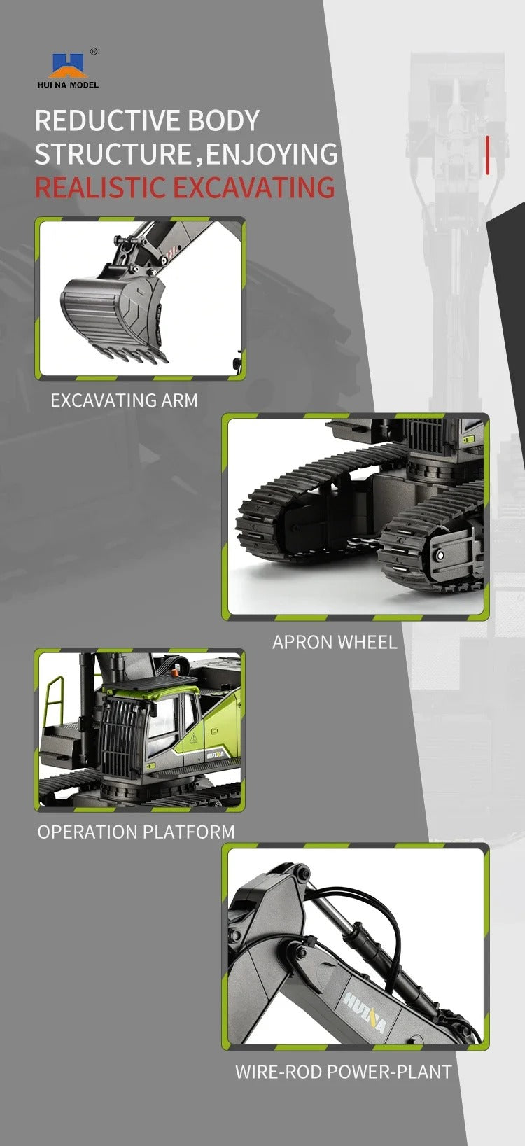 Huina 1593 - 1:14 RC Excavator | 2.4GHz 22CH Semi-Alloy Full Function Construction Digger with Realistic Lights & Sound description image 4