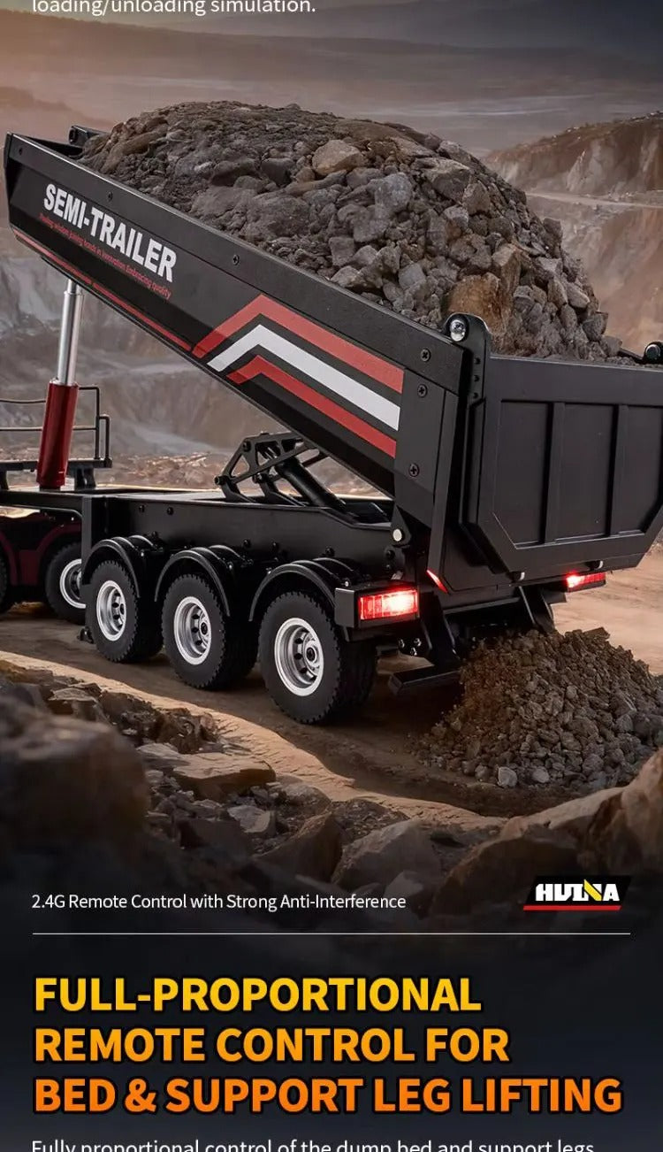 Huina 1509 - 1:18 Scale Official RC Electric Dump Semi Trailer for Huina 1501 Scania 770S, Alloy Construction, 2.4GHz Compatible, Electric Lifting Dump Bed, Rechargeable RTR Heavy Haul Trailer description image 4