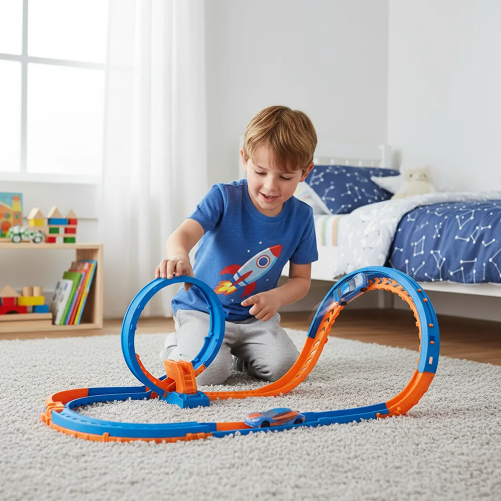 FT-68 2.4GHz Remote Control Loop Racing Track Set with RC Sports Car, 41PCS DIY Stunt Track Playset
