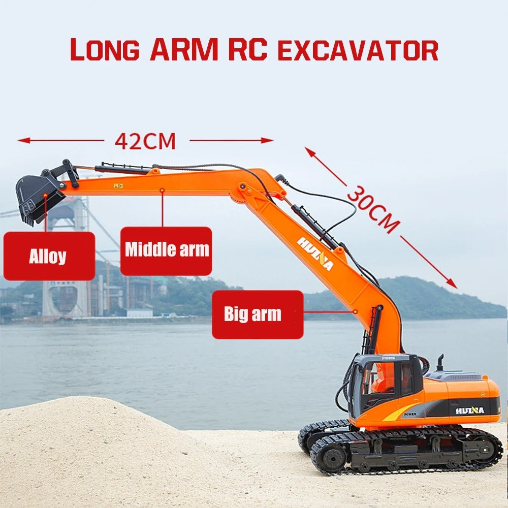 Huina 1551 - 1:14 RC Long Arm Excavator | 2.4GHz 15CH Alloy Construction Digger with Metal Bucket, Lights & Sound description image 4