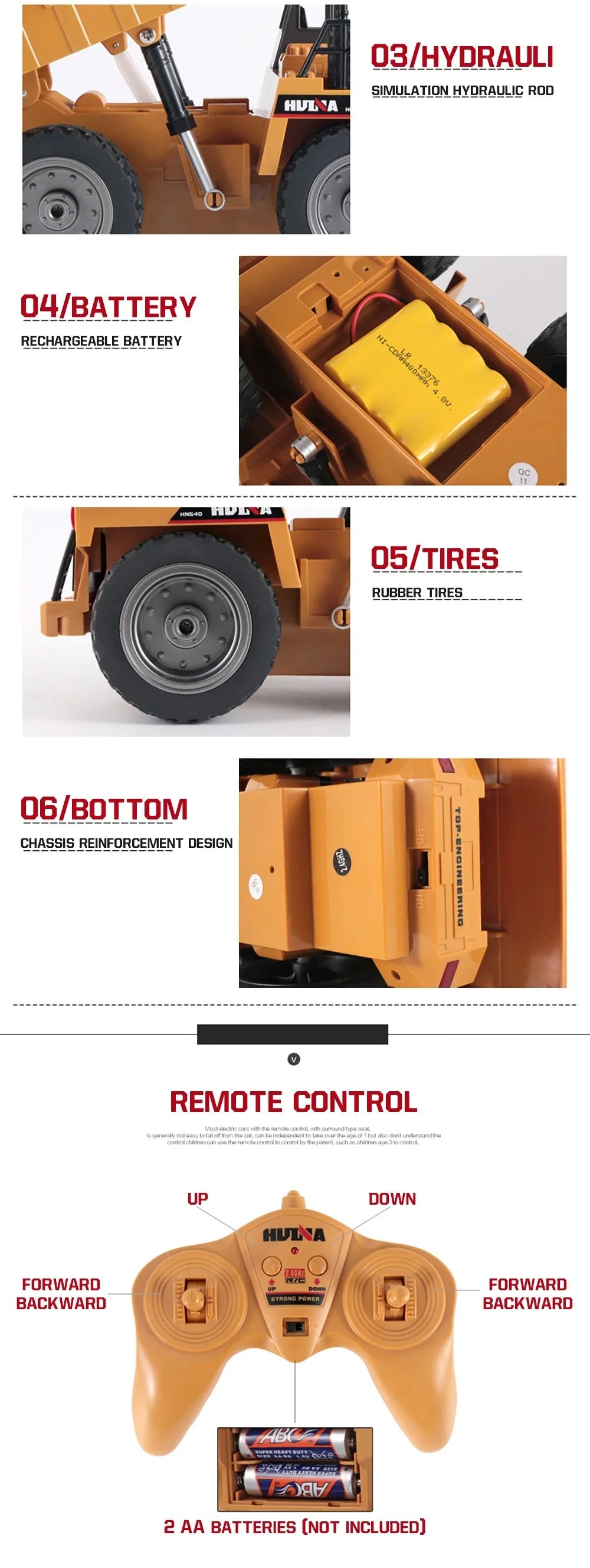 Huina 1534 - 1:18 RC Alloy Engineering Dump Truck Remote Control Semi-alloy Model Outdoor Gift RC Truck Toys description image 4