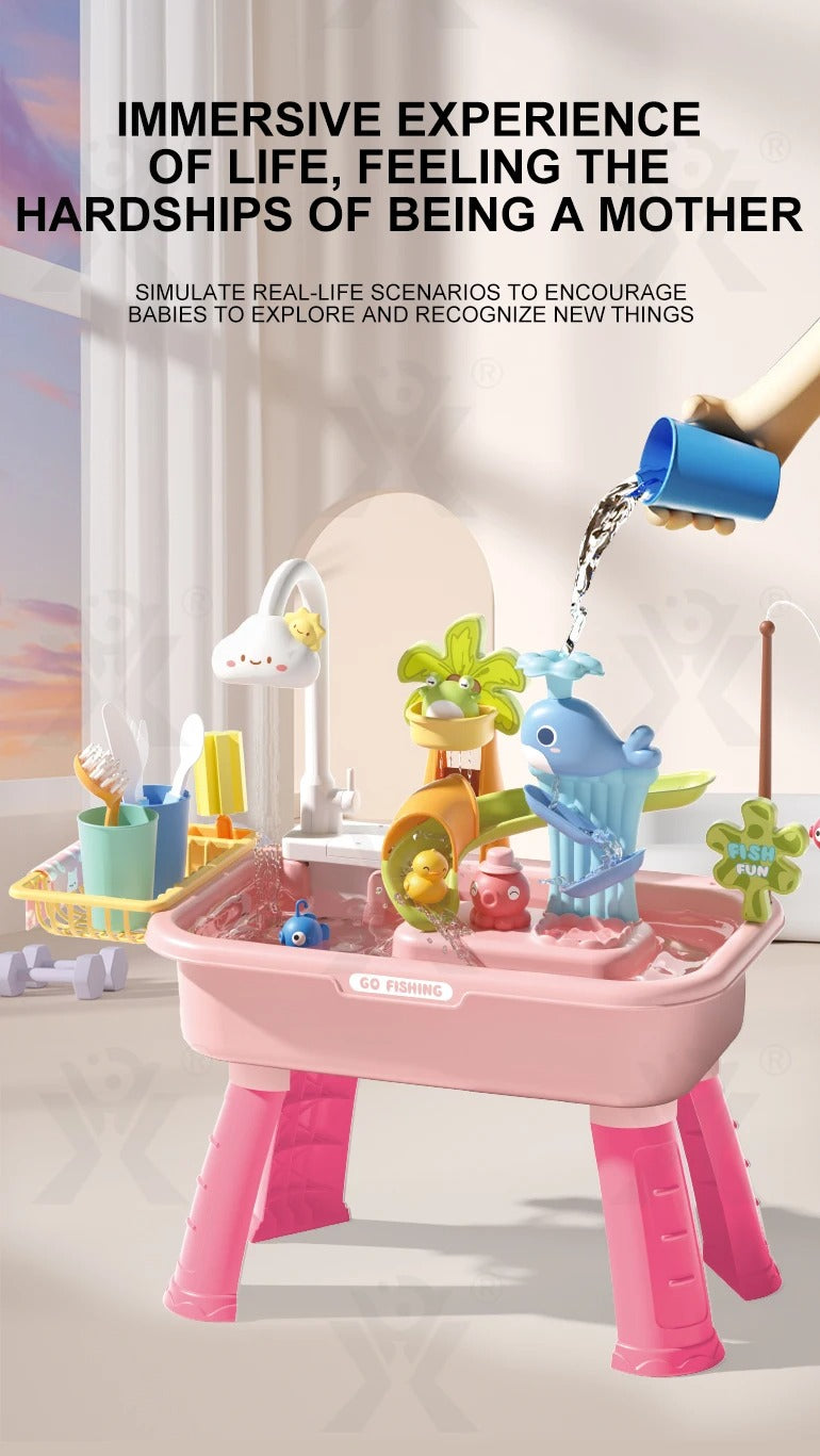 Vegetable Washing Basin Play Set 43 Pieces with Running Water Sink, Fishing Game & Kitchen Accessories for Kids 3+ Years description image 4