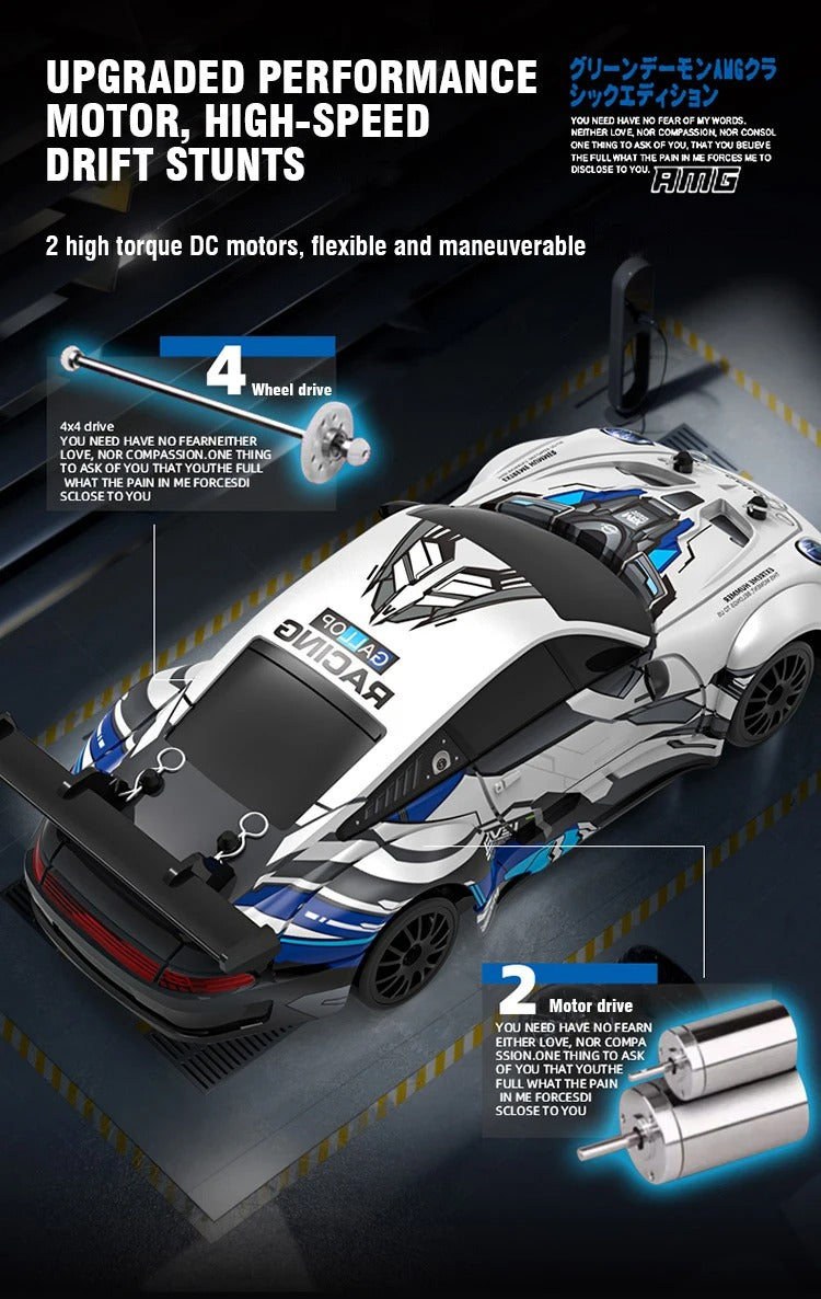 1:24 Scale 2.4GHz 4WD RC Drift Racing Car with LED Headlights PVC Body Spring Suspension High Speed Stunt Drift Remote Control Car for Kids description image 4