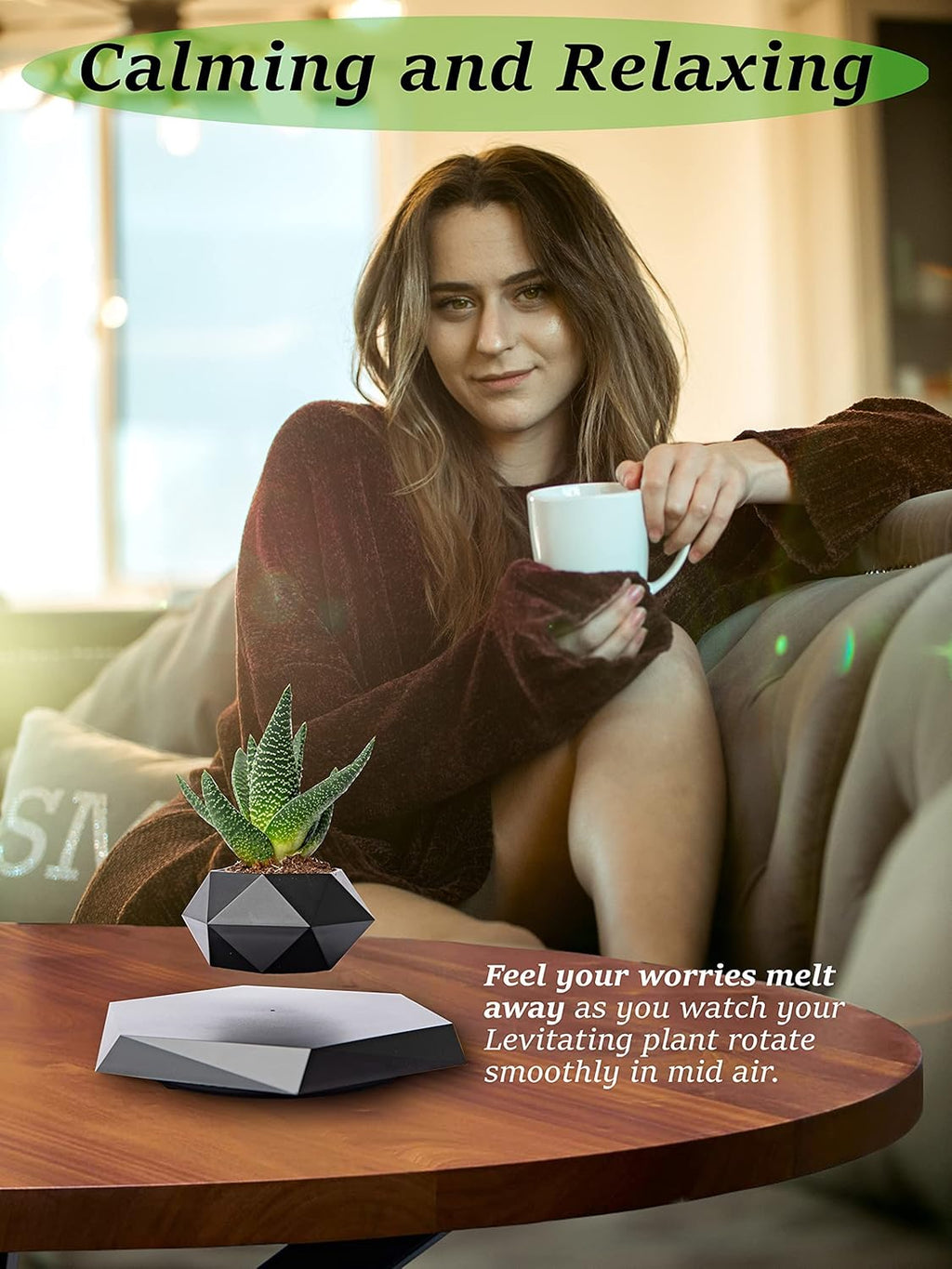 Floating Gravity-Defying Magnetic Levitating Flower Pot | Futuristic Rotating Floating Pot for Desk & Home Décor- Black